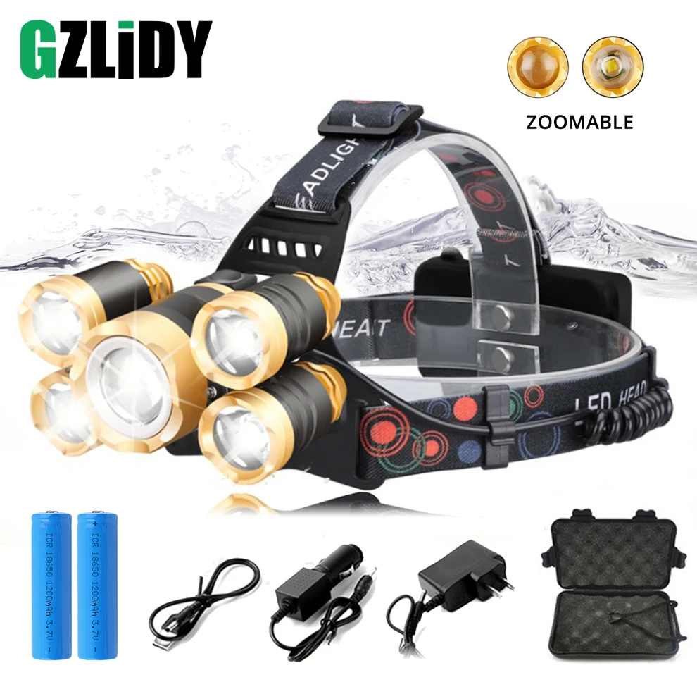 

Super bright LED Headlamp 5 x T6 LED Lamp bead Waterproof LED Headlight Zoomable fishing lamp camping lamp Use 18650 battery