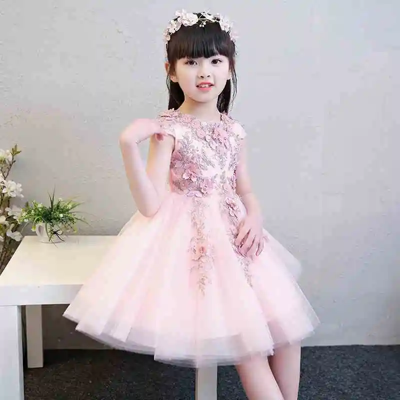 pink short dress 2 Элегантное розовое Тюлевое платье с цветочной аппликацией для девочек на свадьбу; платье принцессы с длинными рукавами; детское платье для выпускного вечера; платья для первого причастия - Цвет: pink short dress 2