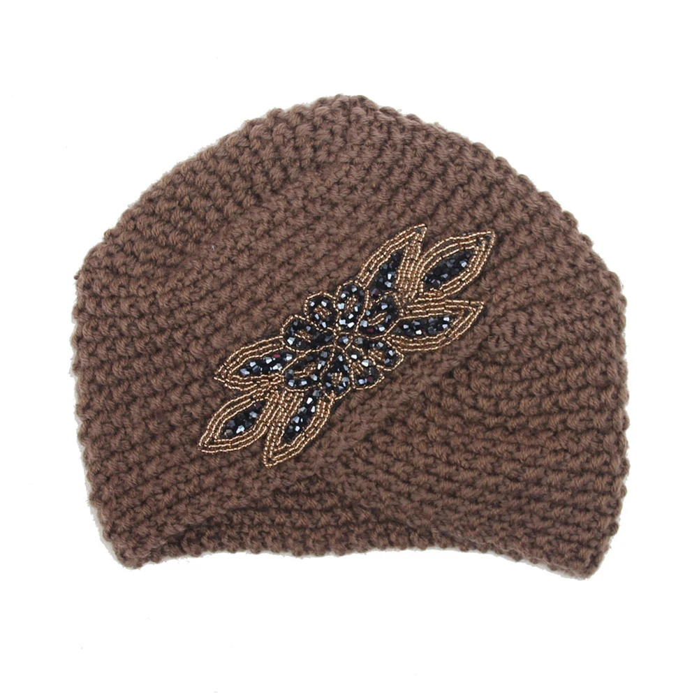 Модные женские туфли, детская Вязанная одежда «Crochet тюрбан шапка зимняя обувь на теплом меху стразы лист шапочка головка крест головные уборы