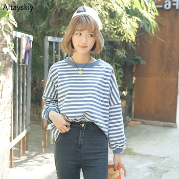 

Hoodies Women Elegant Retro Korean Style Striped All-match Loose Leisure Womens Clothing Trendy Simple Daily Autumn Chic 2020