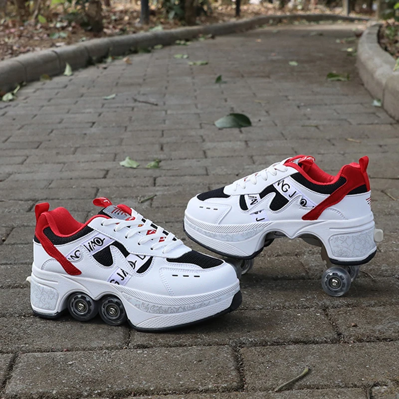 New Deformation Parkour Shoes Four Wheels Rounds Of Running Shoes Kids Adults Sneakers Unisex Deformation Roller Skating Shoes 3