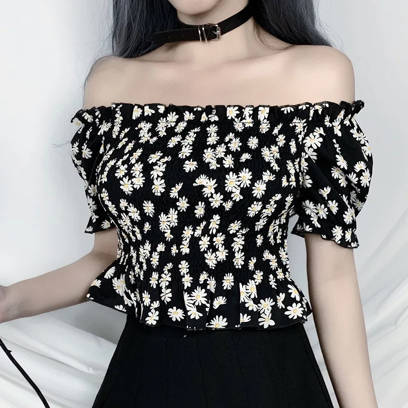 Black Daisy Print Women Short Blouse 2020 Lady Slash Neck Puff Sleeve Gothic Shirt Punk Sweet Off Shoulder Hipster Pleated Top