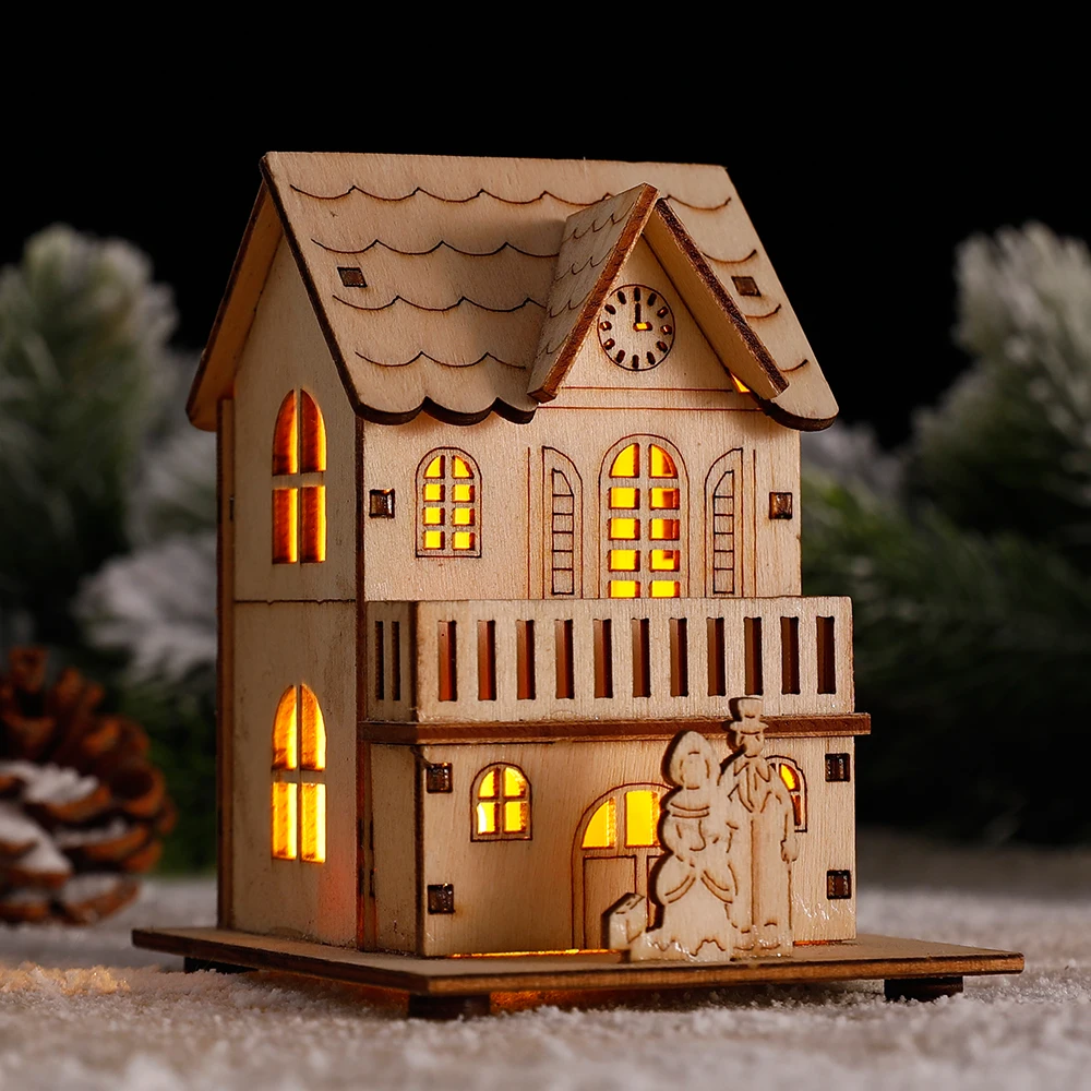 DIY Natural Wooden Hanging Log Cabin With Warm LED Lights Christmas Ornaments Wood Glowing Castle Lamp New Year Gifts Kids Toys