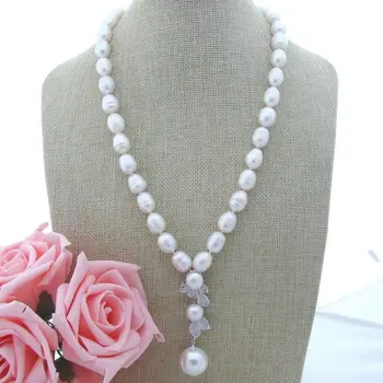 

H090606 23'' White Rice Pearl Necklace CZ Pendant