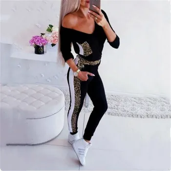 

2019 New Women's Black Plsysuit Leopard Pattern Long Sleeves Tops Trousers Bodysuit Fashion Female Auttumn Jumpsuit With Pocket