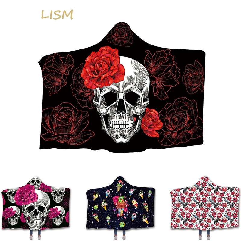 

LISM 3d printed hooded blanket polyester fabric breathable not sultry skull and flower hooded blanket 2020 new