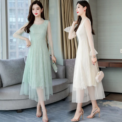 

2019 Spring Summer European Version Fashion Lace Women Dress New Style Round Collar Designs Female Elegant Temperament Dresses