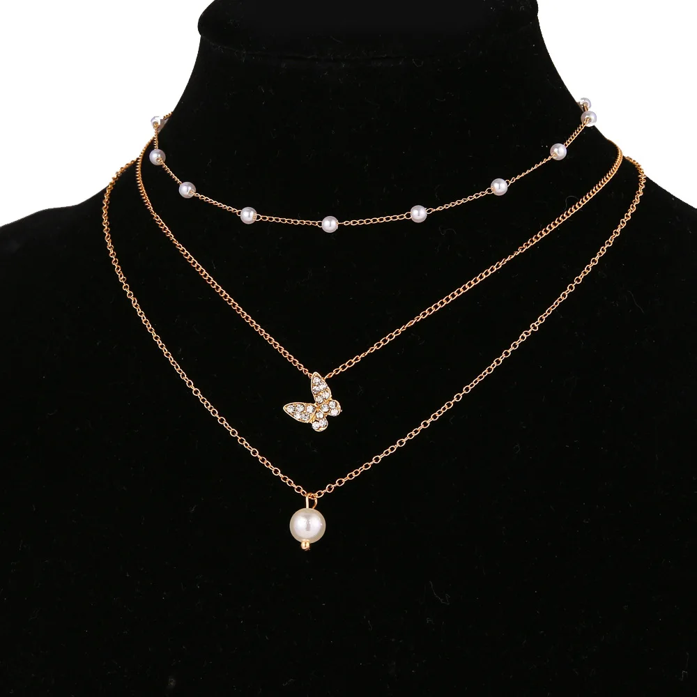 Elegant Multilayer Pearl Butterfly Necklaces For Women Girls Trendy