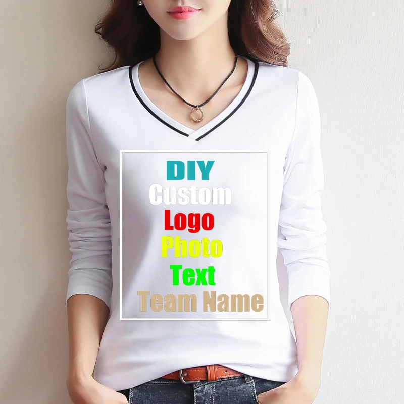 

DIY Personalized customization High Quality Cotton Long Sleeve t Shirt Top V Neck Slim Shirt Custom Logo Printed Yext Name