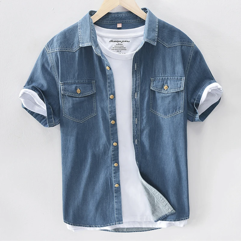 Men New Short-sleeved Denim Shirt Business Casual 100% Cotton Half Sleeve Male Summer Solid Color Square Collar Top | Мужская одежда