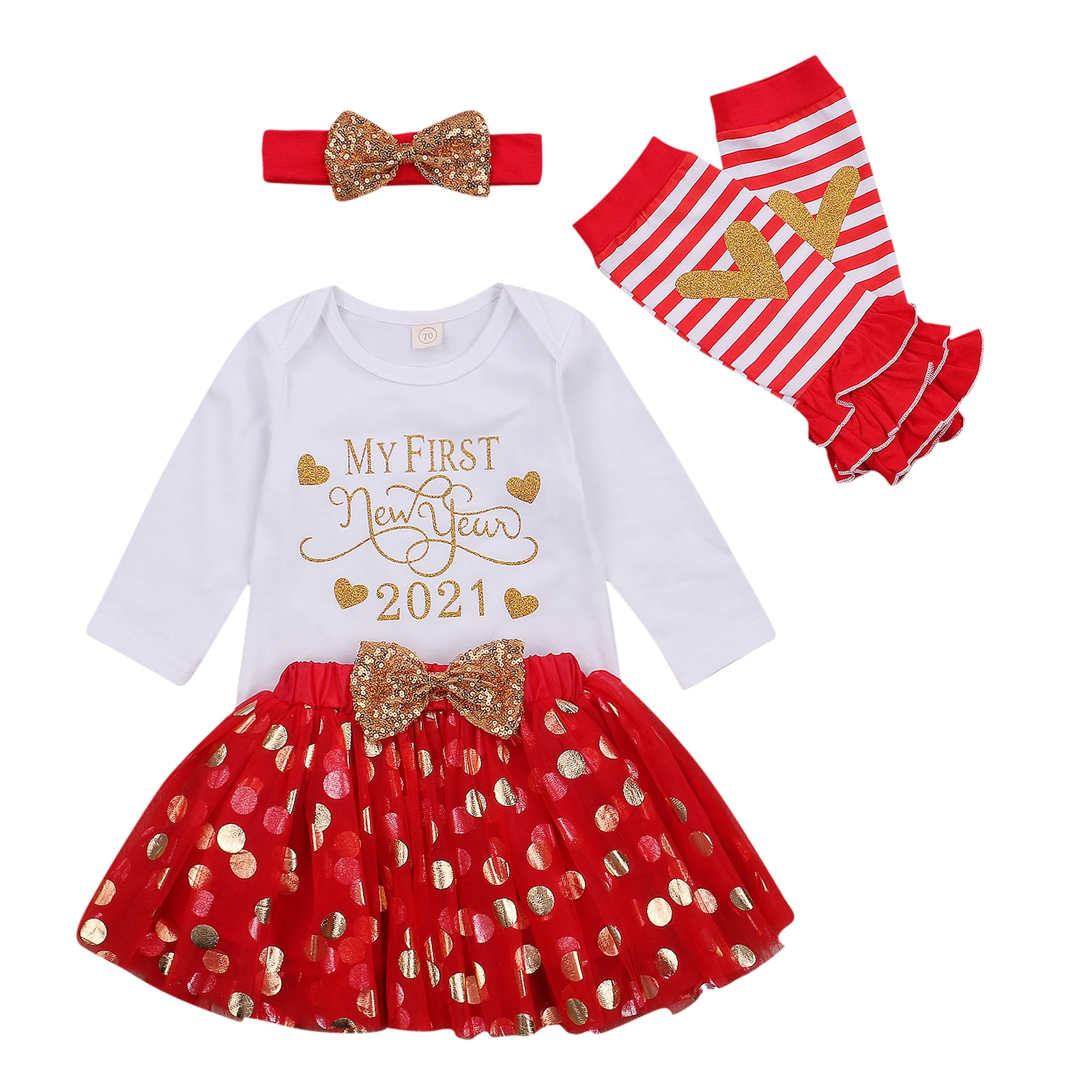

0-18M Baby Girl 5Pcs Set MY FIRST NEW YEAR 2021 Long Sleeve Letter Print Bodysuit+Dot Mesh Skirt+Sequin Bow+Ruffled Leg Warmers
