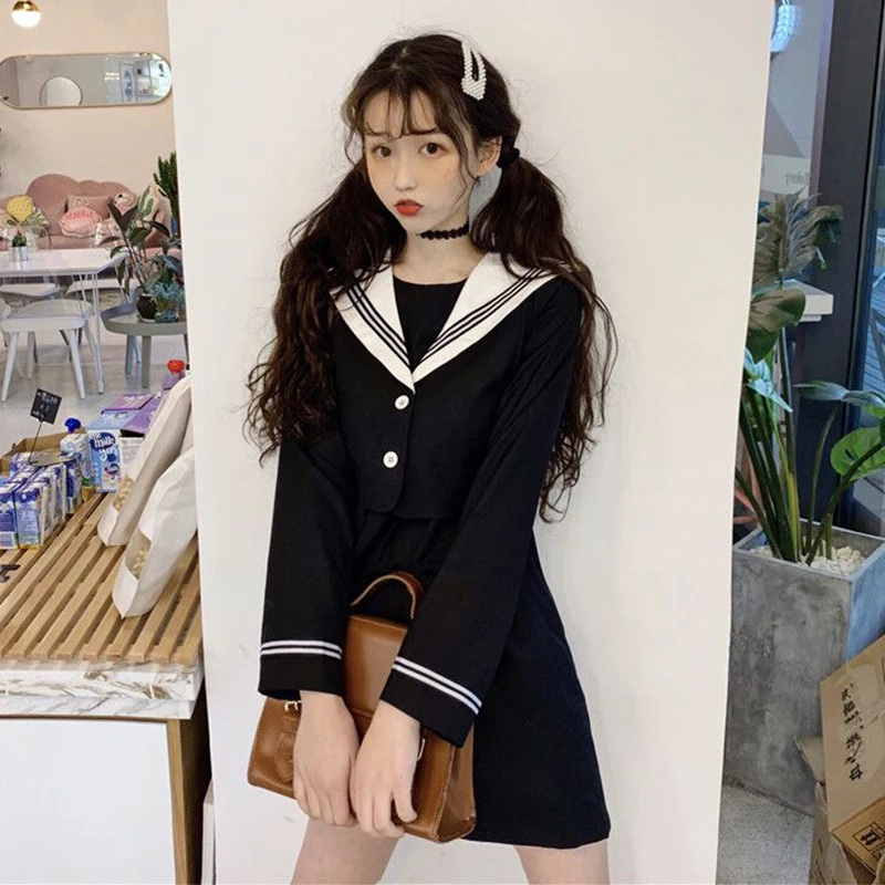 Японская школьная форма аниме COS костюм моряка Свободные Поддельные два платья JK темно стиль студентов Одежда для девочек с длинным рукавом