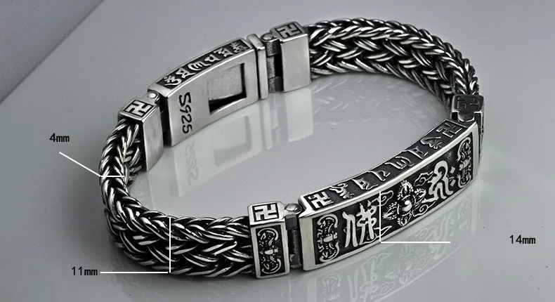 New real pure S925 solid silver Buddhism six-character mantra Vajra good luck woven bracelet  Thai silver vintage man bracelet