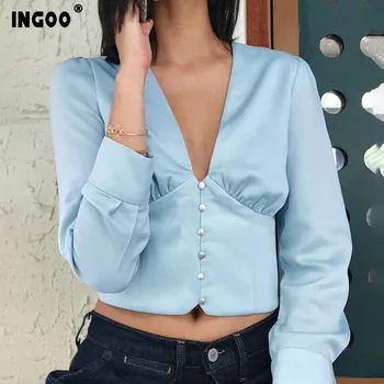 

INGOO Casual Long Sleeve Silk Crop Top Fashion Slim V Neck Women Clothes Spring Summer Button Satin Female Shirts Streetwear