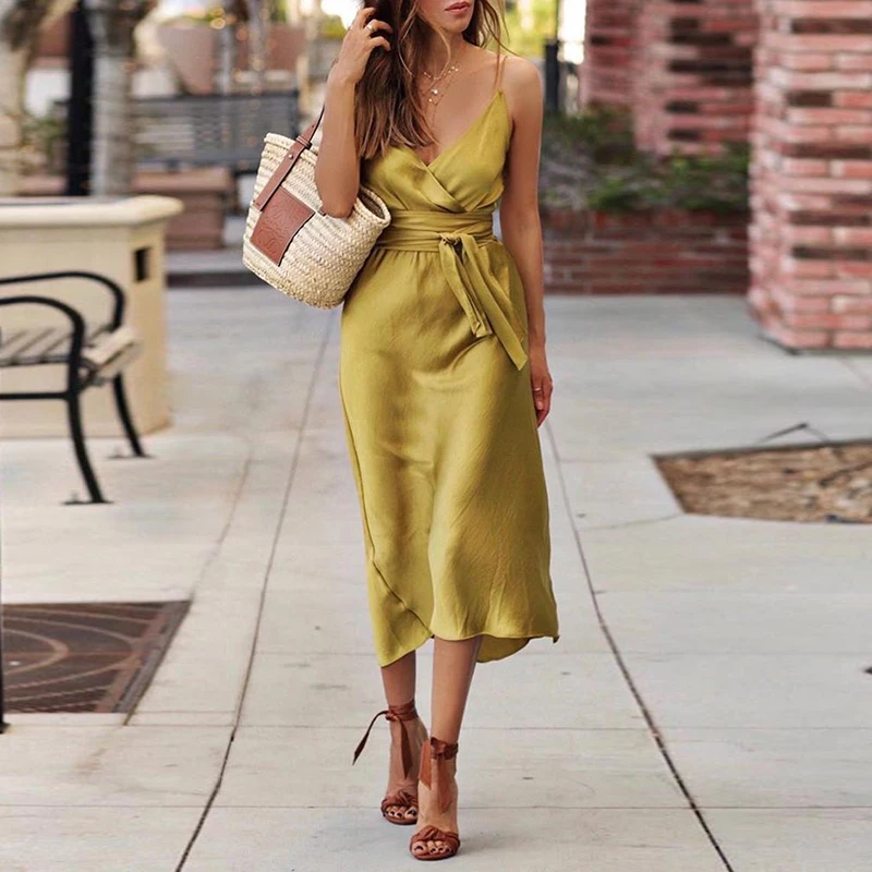 

Fashion Satin Tie Waist Spaghetti Strap Wrap Dress Sexy Slim Midi Dress Summer 2019 Solid Color Deep V Neck Women Party Dress