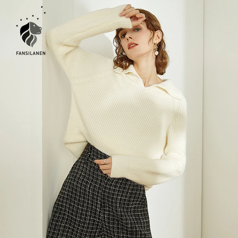 

FANSILANEN Polo casual white knitted pullover Women long sleeve thick pull oversized sweater Autumn winter elegant jumper top