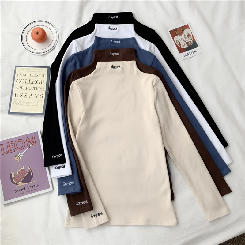

Autumn Winter 2020 Woman Tshirts Long Sleeve Half Turtleneck Letter Embroidery Body Basic T Shirt Slim Fit Fashion Korean Style