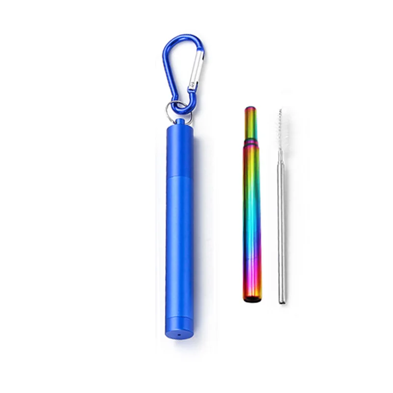 Stainless Steel Straw Reusable Metal Straw Portable Collapsible Eco Friendly Foldable with Case Brush Drinking Bar Accessories - Цвет: Rainbow Straw Blue