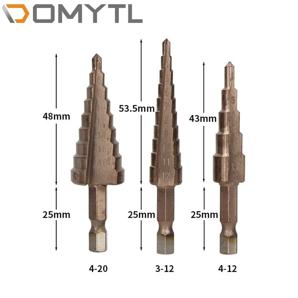 3pcs Hexagon Shank Straight Slot Step Drill Bit Hss Pagoda 4-12/4-20/3-12mm reaming Tool Titanium Plating Suitable Thickness 5mm