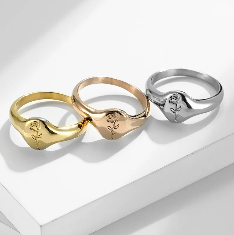 Romantic Wedding Jewelry for Women Stainless Steel Flower Rings PVD Gold Plated Rose Signet Waterproof
