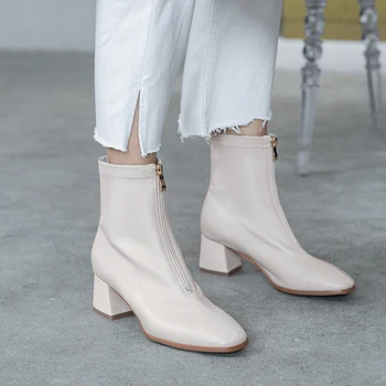 

Popular Square Toe Women Zipper Ankle Boots Warm Short Boots Quality Cow Leather Elegant Female Chelsea Boots size 41 42 43