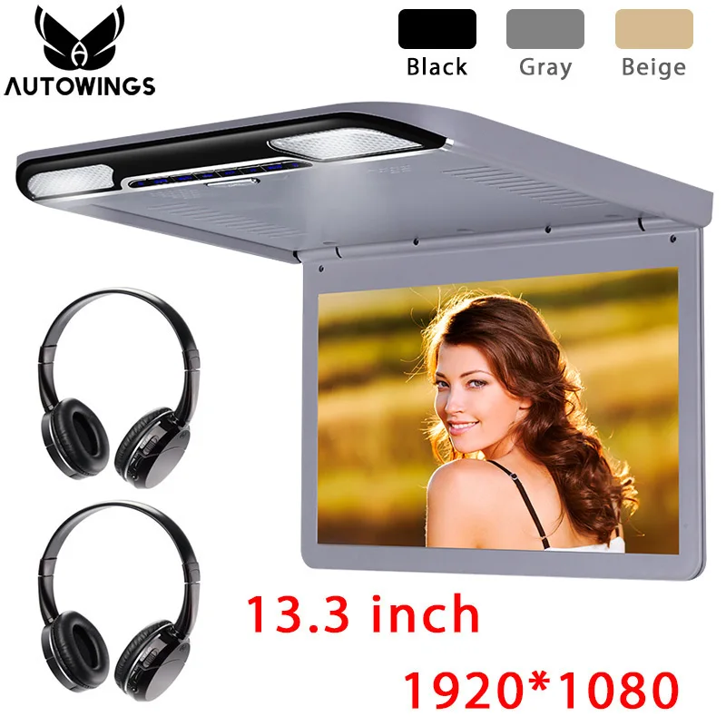 

13.3 inch Car Flip Down Monitor Video Player 1920*1080 TFT LCD Screen TV 2 IR Wireless Headphone Black Beige Gray USB SD HDMI