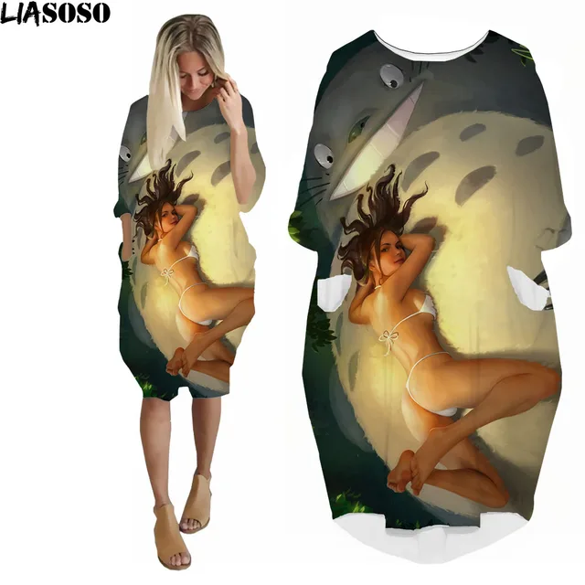 LIASOSO Anime Totoro Dress 3D Printing Girls Street Interesting Fashion Trend Wild Loose Long Sleeve Over The Knee Dress Womens QAAA14667