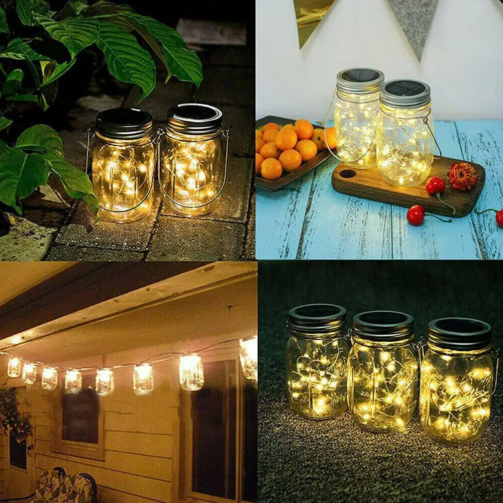 6 STÜCKE Solar Einmachglas Deckel Licht Mit 2m String Lichter Griff 20 LEDs Hängende Laterne Lampe Für Garten Dekoration bunte Licht_voghion.com