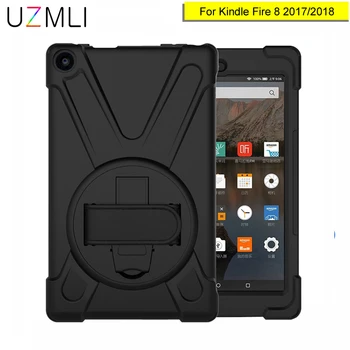 

360 Rotatable Kids Heavy Duty Hybrid Case For Amazon Kindle Fire HD 8 2017/2018 with Hand Shoulder Strap Shockproof Armor Cover