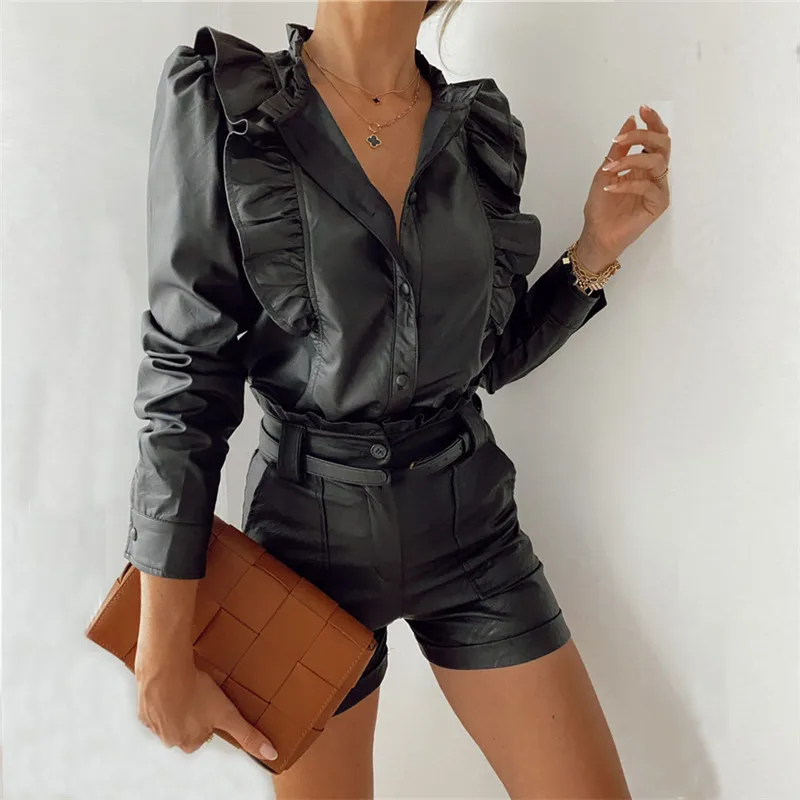 

PU Leather Blouse Autumn Ruffle Long Sleeve Button Turn Down Collar Top Office Ladies Retro Streetwear Shirt Female Clothes