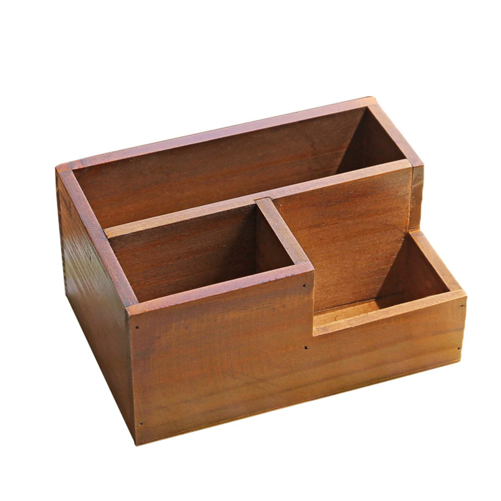 3 Grid Bamboo Remote Control Storage Box Stationery Headphone Cable Cell Phone School Office Desktop Decoration Organizer
