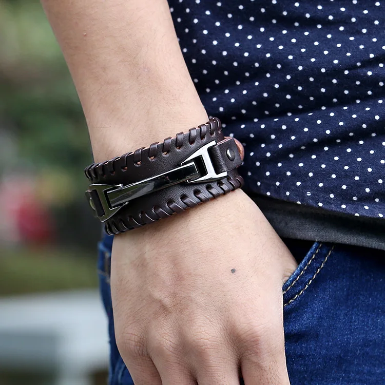 

Wide Leather Wristband for Men Stylish Genuine Leather Bangle with Metal Charm Bracelets Punk Male Pulseira