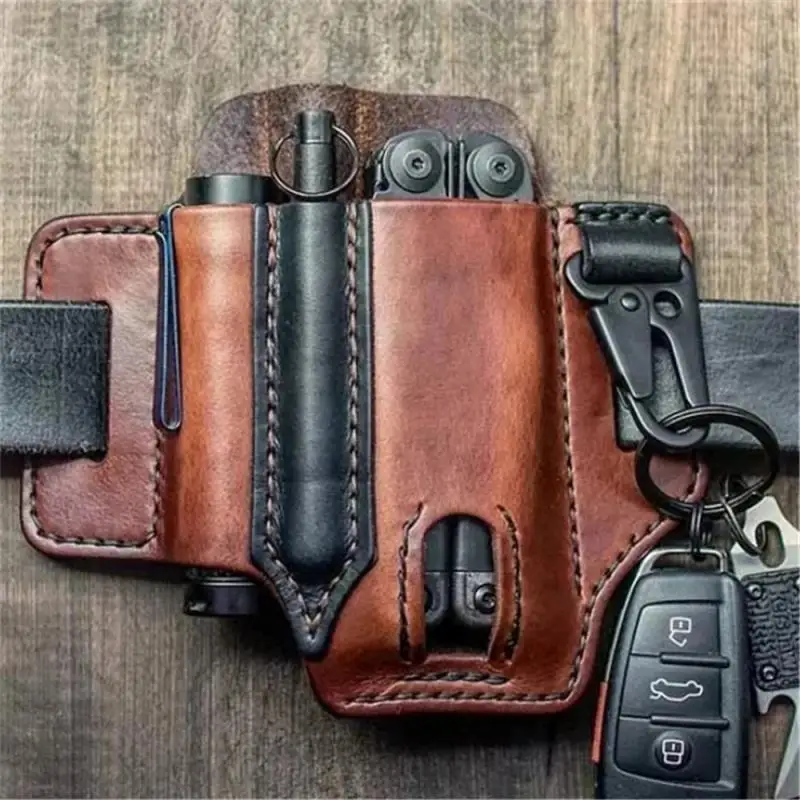 High Leather Quality Multitool Leather Sheath EDC Pocket Organizer with Key Holder for Belt and Flashlight Sheath Multitool Pouch Brown