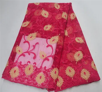 

French Lace Fabric African Embroidered Tulle Lace Fabric With Stones Nigerian Lace Fabric For Wedding Party Dress PFN005