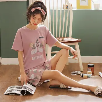 

2pcs/set Cute Cartoon Print Pajamas set Cotton Home Service Short-Sleeved shirt+Shorts Sleepwear Set New Vcqy