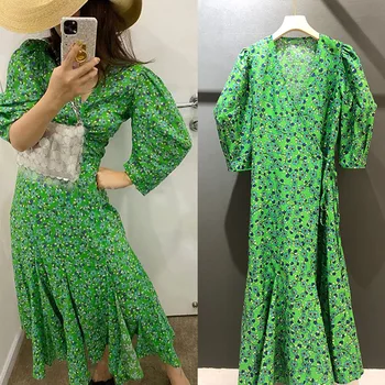 

2020 Summer New Green Bubble Sleeve V-neck Floral Skirt One Piece Printed Women's Dress