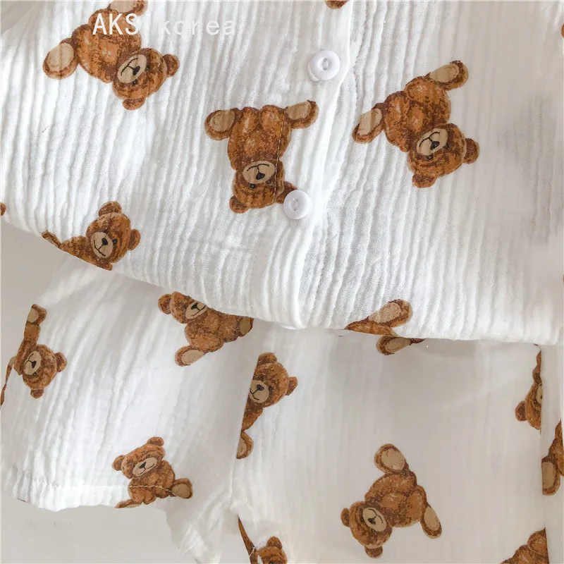 2021 Summer New Cute Bear Print Baby Clothes Boys Cotton Linen T Shirt And Shorts Set Girls Dress Baby Outfits 6M-5T Child Suit baby knitted clothing set