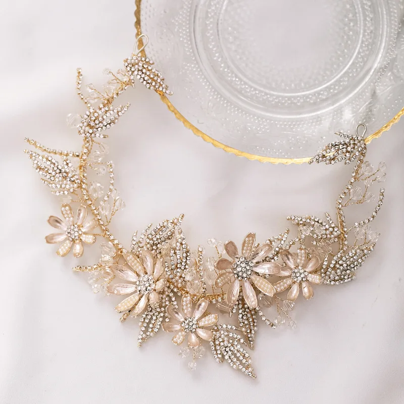 

Romantic Korean Flower Wedding Gold Headbands For Bride Crystal Headbands Hair Accessories Bridesmaid Handmade Head Jewelry Gift