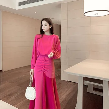 

Elegant office 2 piece set Women Strapless Pullover Sweatshirt+Long Asymmetric Fishtail Skirt Spring Autumn Fashion Casual Sets
