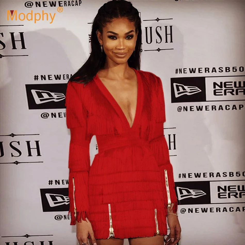 

2018 Winter Women's Midi Club Bandage Dress Sexy Red White Long Sleeve V-Neck Fringe Bodycon Vestidos Celebrity Party Dress