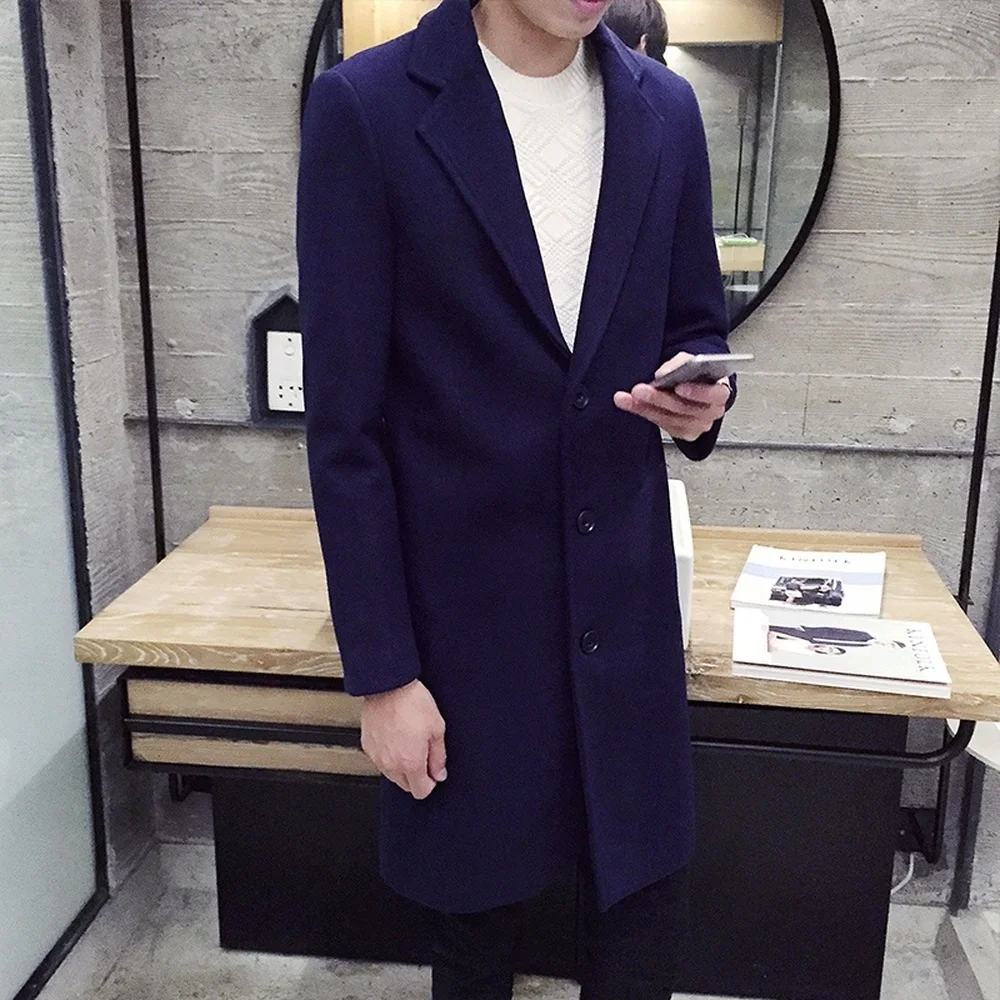 Vogue Men Coat Winter Casual Long Trench Coats Double Line Buttons Simple Design Mens Wool Overcoat Slim Fit Coats And Jacket - Цвет: Тёмно-синий