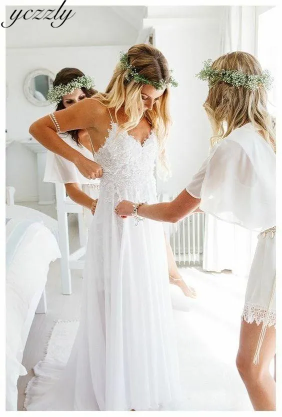 Boho недорогое свадебное платье на тонких бретельках кружевное шифоновое богемское свадебное платье Длинные Простые пляжные платья невесты Abiti Da Sposa