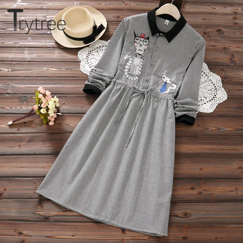 

Trytree Autumn Women Dress Casual Turn- down Collar Drawstring Waist Shirt Dresses Embroidery Cat A-Line Knee-Length Plaid Dress
