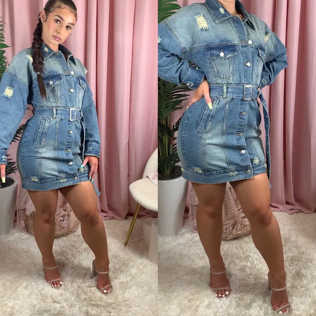 

Women Jacket Dress Winter Parka Women Denim Jacket Plus Size Clothing Popular Style Mid Length Denim With Hole Trench Coat