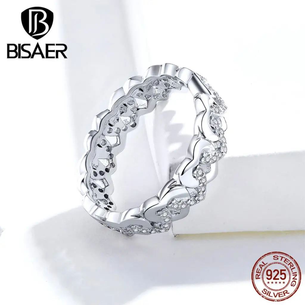 Штабелируемые кольца, BISAER, 925 пробы, серебро, любовь, сердце, форма сердца, женские кольца на палец, свадебные, Обручальные, ювелирные изделия ECR626
