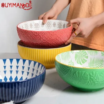 

Creative Personality Korean Ceramic Relief Large Bowl Set Soup Bowl Large Noodle Bowl Home Large Salad Bowl 8 Inches Tableware