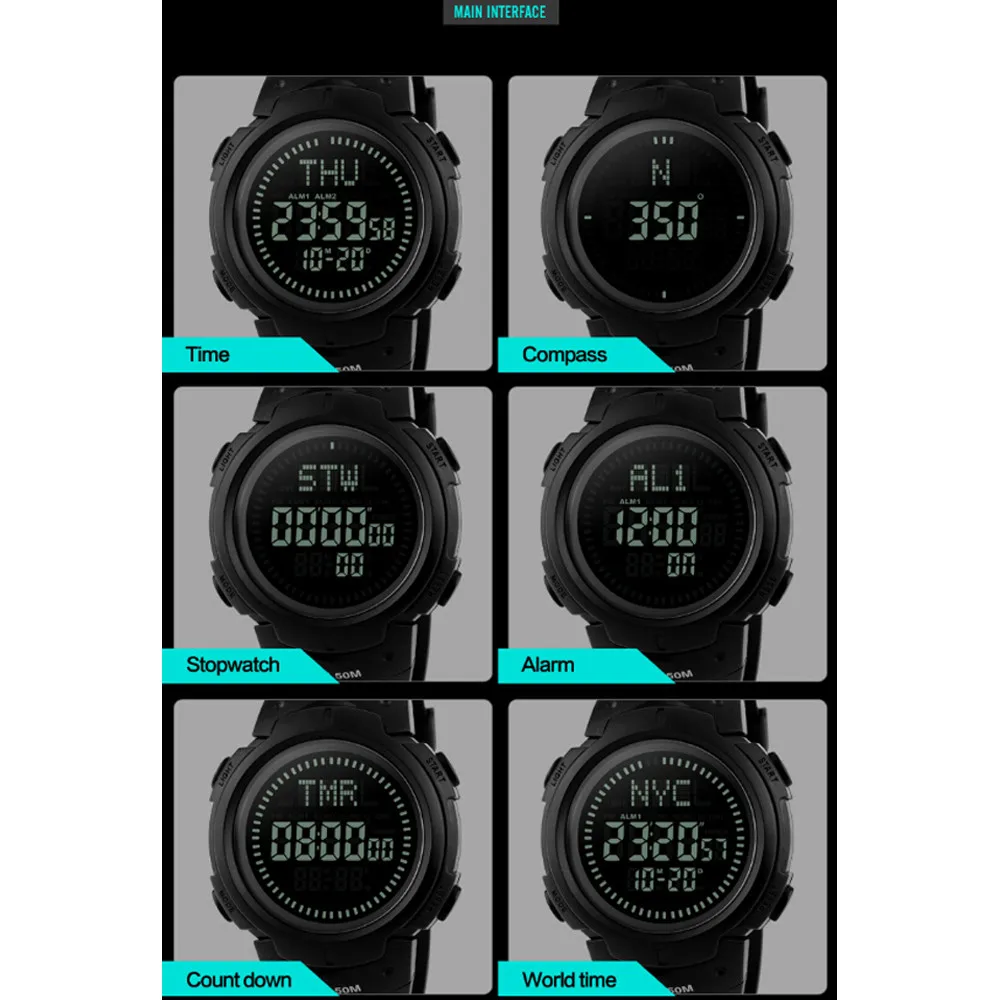 SKMEI компасы мужские часы для спорта на открытом воздухе наручные часы 50 м Водонепроницаемый Будильник двойной секундомер цифровой военный часы 1231