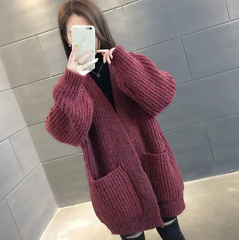 and Autumn Winter new Knitted V-Neck Cardigans Coats Women Fashion Long Sleeve Thick Sweater Casual Large size Loose Sweaters - Цвет: Burgundy