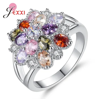 

Colorful Flower Cubic Zircon Finger Ring for Women 925 Sterling Silver Jewelry Austrian Crystals Female Engagement Gift