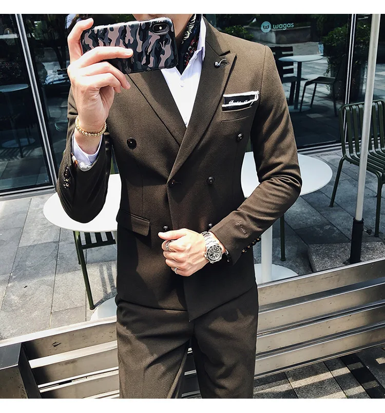 Куртка+ брюки) High-end вышивка одноцветная мужские, повседневные, деловые двубортный костюм 2 предмета в комплекте жениха, свадебное платье, смокинг